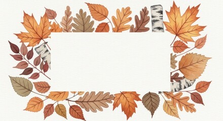 A colorful autumnal border featuring various leaves and branches, creating a warm and inviting aesthetic.