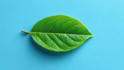 Vibrant green leaf on vibrant blue surface