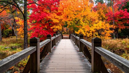 A scenic wooden bridge spans an autumn forest path ablaze with yellow and orange leaves