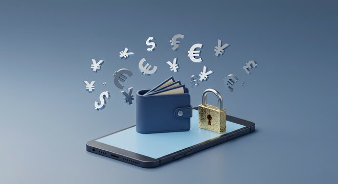 Secure Mobile Wallet: 3D Render of Digital Finance, Global Currency Symbols, and Padlock on Smartphone