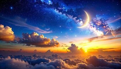 Fototapeta premium Sky night stars and moon, islamic night, sunset, twilight
