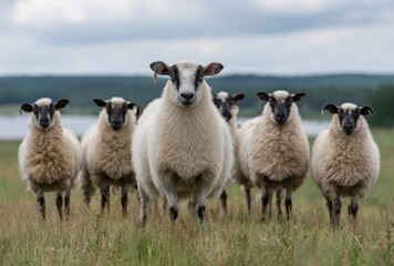 Naklejka premium Flock of Sheep in a Pastoral Field