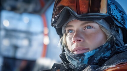 A professional snowboarder in high-end gear, getting off a ski lift, a scene of winter sports.