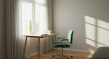 Serene Home Office: Sunlight Dapples Minimalist Desk with Green Chair