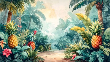 Fototapeta premium A vibrant tropical background of flowers and palm leaves frames a juicy, fresh pineapple, a healthy and sweet dessert