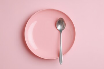 Pink Plate And Silver Spoon On Pink Background