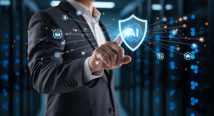 Businessperson Activating Ai Security Shield: Digital Transformation, Cybersecurity, and Data Protection Concepts