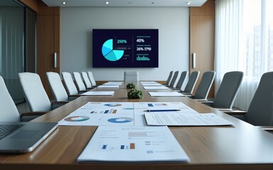 Modern Empty Meeting Room with Big Conference Table with Various Documents and Laptops on it, on the Wall Big TV Showing Company's Growth, Statistics and Pie Charts. High quality