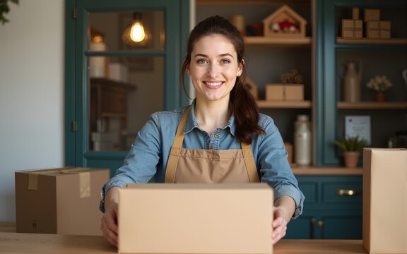 Portrait of a Happy Female Volunteer Preparing Free Food Delivery for Low Income People. Charity Workers and Members of the Community Work Together in Local Humanitarian Aid Donation Center.