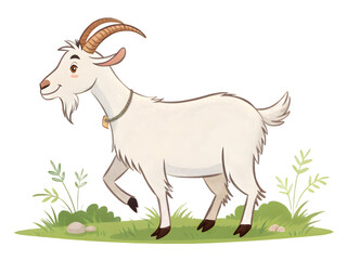 Obraz premium Cute cartoon goat standing in a grassy field with a bell around its neck