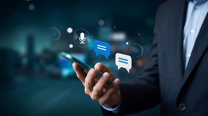 Man using AI voice assistant on smartphone with speech-to-text conversion and chatbot interface, representing smart technology, digital assistant and virtual communication.