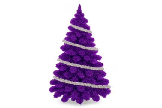 Purple christmas tree with silver garland on transparent background
