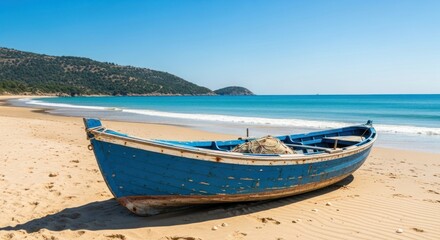 Obraz premium A weathered blue fishing boat rests on a sandy beach, bathed in the warm sunlight of a tranquil summer day.