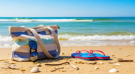 Striped beach bag, sunglasses, and flip-flops rest on the golden sand beside a placid ocean.
