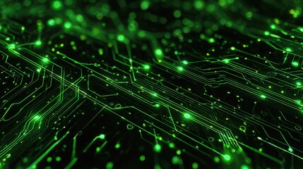 Obraz premium Glowing neon green digital data streams and complex circuits in futuristic cyberspace, representing sophisticated technology and artificial intelligence.
