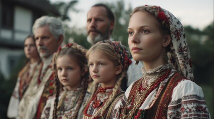 Eastern european descent, group family portrait in traditional clothing outdoors, pride and cultural heritage beautifully shown.