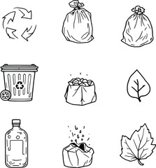 Hand-drawn black and white illustration of various types of garbage.
