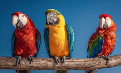 Fototapeta premium Three Macaws on Branch Against Blue Sky
