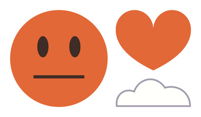 Fototapeta premium Simplistic face with neutral expression, a heart symbol, and a cloud outline. Ideal for emotions, love, feelings, mindfulness, weather simplicity and balance. A simple flat metaphor