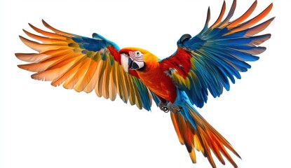Fototapeta premium Vibrant Scarlet Macaw in Flight Against White Background