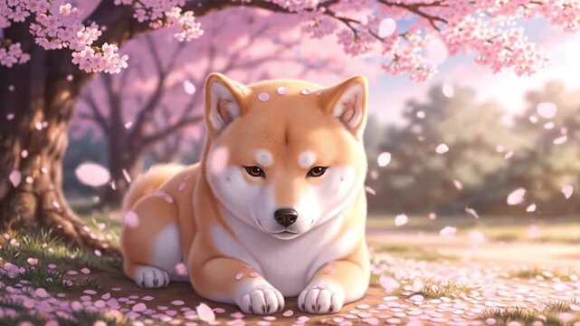 cute shiba inu dog lying under cherry blossom tree
