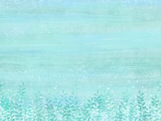 ブルーグリーンの植物の装飾が綺麗な水彩背景イラスト
