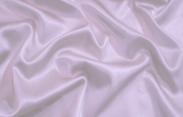 Wedding theme. Bridal. Drapery with wavy folds. Light white purple violet twisted crumbled sleek silk satin fabric. Elegant premium silky cloth. Gentle delicate powder pastel mauve good tax color. 