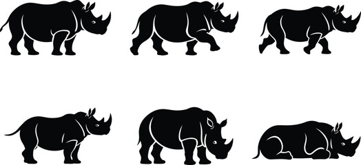 Rhinoceros silhouettes, wild animal poses, African wildlife icons, grazing rhino, resting rhino, black vector set, editable illustration pack