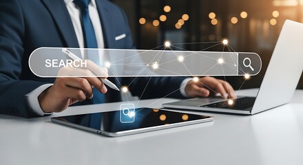 Businessman Using a Laptop and Tablet with a Search Bar Overlay, Symbolizing Online Research and Digital Information.
