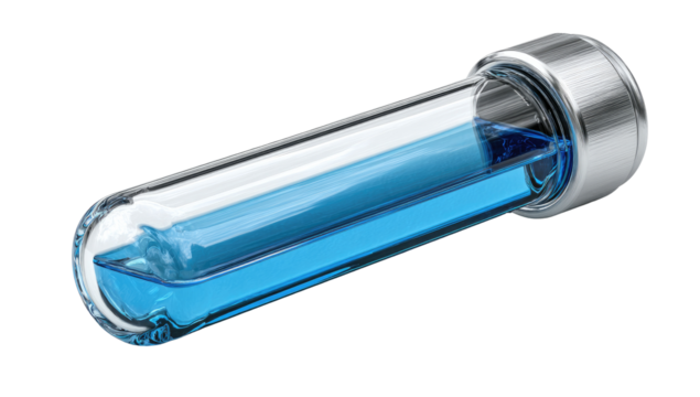 Clear glass water bottle, light blue liquid inside, metallic cap