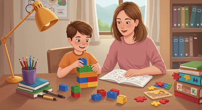 Warm Home Learning: Mother and Son Building Blocks Together