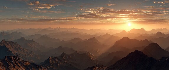 Sunrise over a misty mountain range