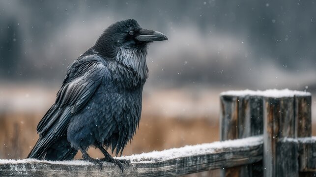 Lone raven on snow covered fence with mist