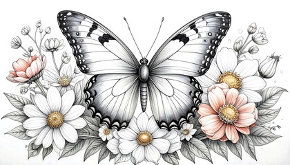 Detailed drawing of a butterfly surrounded by flowers