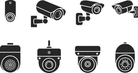 Security camera icons, surveillance silhouettes, wall-mounted designs, dome cameras, front view styles, editable vector set, CCTV graphic pack © rakib's world
