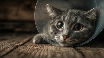 Cat with protective cone resting on bed