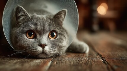 Cat with protective cone resting on bed