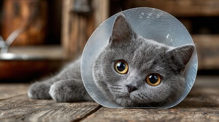 Cat with protective cone resting on bed
