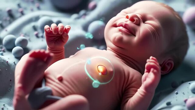 The fetus at 8 weeks is revealed in close-up, with forming limbs, eyelid buds, and a flickering heart, surrounded by protective amniotic waves