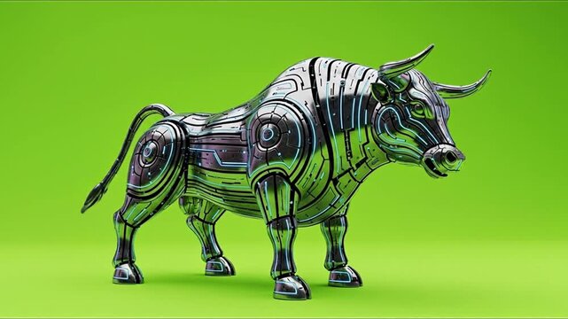 Robotic bull charging forward with power and innovation on greenscreen