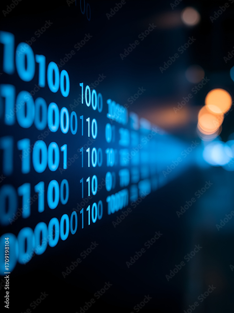 Wall mural close up of glowing blue binary code on a dark background with bokeh effect on the right side view