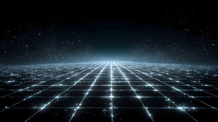 Futuristic Abstract Grid Landscape with Starry Night Background