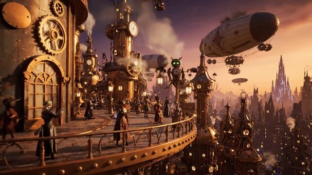 steampunk city airships sunset fantasy world