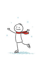 A joyful stick figure ice skating with a scarf and snowflakes. 