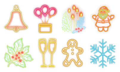 Fototapeta premium PNG Colorful festive neon icons, element set on transparent background