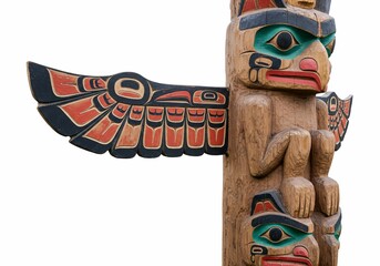 Intricately Carved Totem Pole with Bird Wing, Indigenous Art