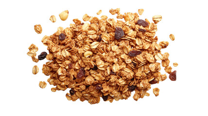 Delicious homemade granola with raisins nuts and oatmeal isolated on background transparent