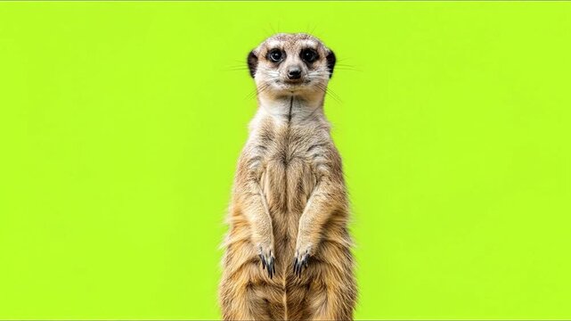 Curious meerkat stands alert on bright greenscreen background