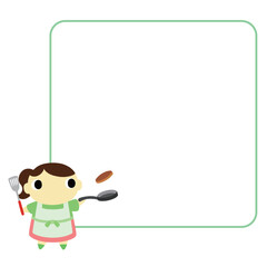 料理をするエプロン姿の女性　フレーム付