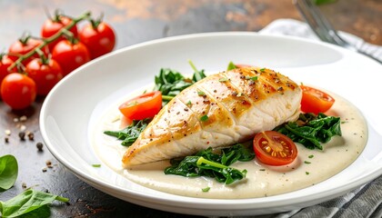 Baked fish fillet with creamy sauce and spinach